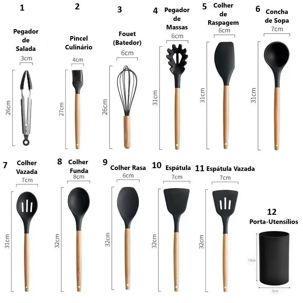 Kit 12 utensílios de silicone multicores para cozinha.