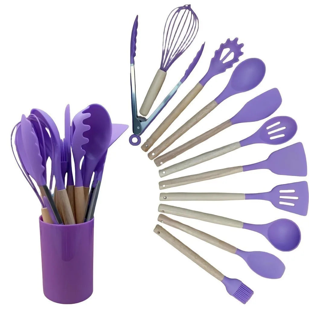 Kit 12 utensílios de silicone multicores para cozinha.